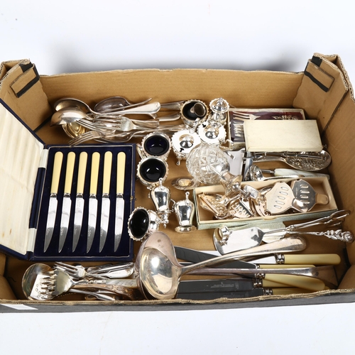 926 - Various cased sets of plated cutlery, cruet sets, atomiser, lemon squeezers, fish slices etc (boxful... 