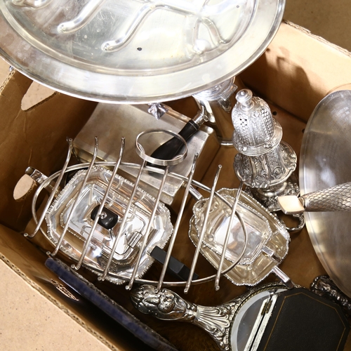 932 - A silver plated tea set, plated photo frames, a meat dish, a cigarette box etc (boxful)