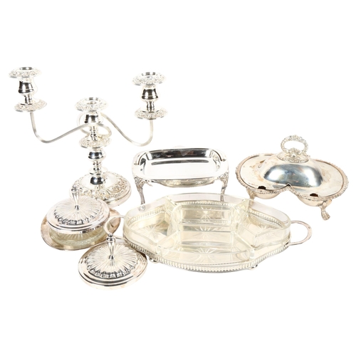 937 - A silver plated 2-branch table candelabra, serving dishes, hors d'oeuvres dish, rollover bacon dish ... 