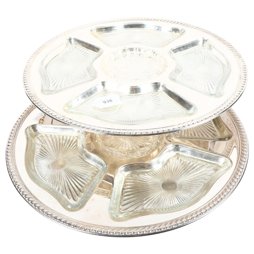 938 - A pair of silver plated lazy Susan's, with fitted glass dishes