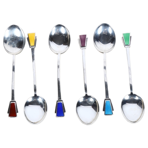 949 - A set of 6 Edward VIII silver coffee spoons, with coloured enamel finials, hallmarks for Birmingham ... 