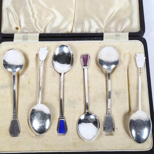 949 - A set of 6 Edward VIII silver coffee spoons, with coloured enamel finials, hallmarks for Birmingham ... 