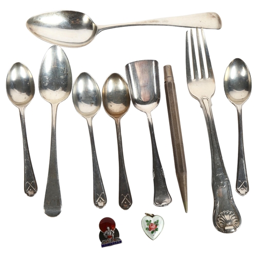 951 - A group of various silver spoons and fork (7), a WMF shovel design spoon, a silver propelling pencil... 