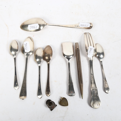 951 - A group of various silver spoons and fork (7), a WMF shovel design spoon, a silver propelling pencil... 