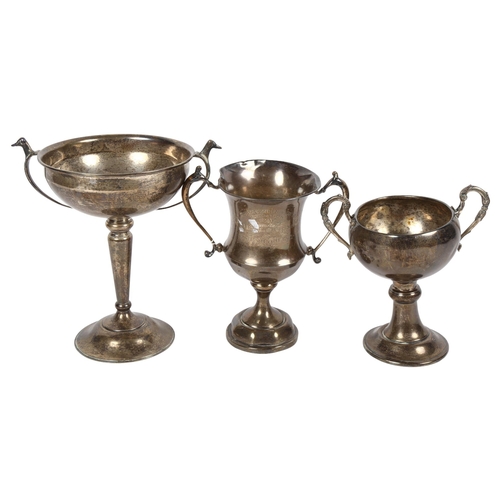 956 - 3 various 2-handled silver trophies, 1 with dog's head mounts, tallest with hallmarks London 1936, h... 