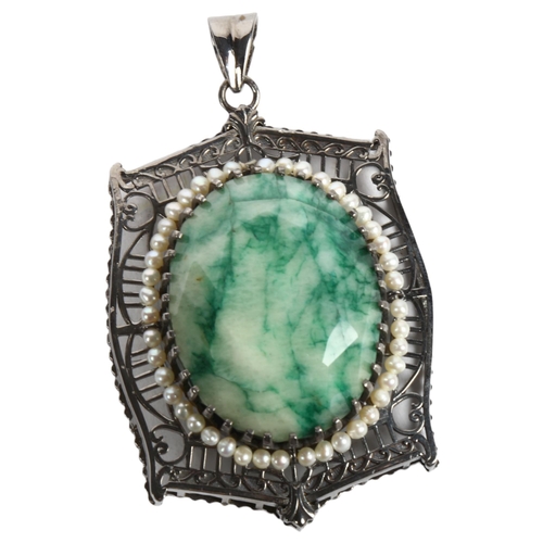 958 - A large emerald and pearl pendant in silvered mount, height 73.7mm