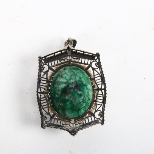 958 - A large emerald and pearl pendant in silvered mount, height 73.7mm