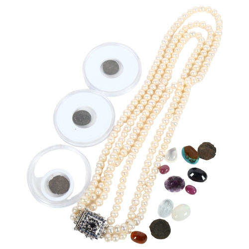 961 - A modern triple-strand freshwater pearl necklace, various gemstones including turquoise, coins etc