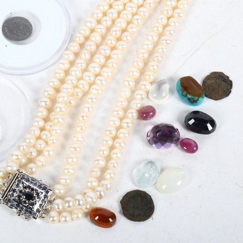 961 - A modern triple-strand freshwater pearl necklace, various gemstones including turquoise, coins etc