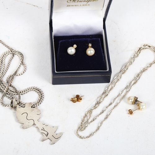 964 - A pair of 9ct gold and pearl set earrings, silver chains etc