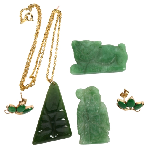 965 - 3 carved jade pendants, and a pair of unmarked gold jade earrings