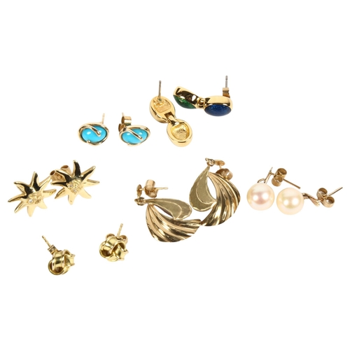 968 - 6 pairs of 9ct gold earrings, including stone set and drop pearl, 16.9g gross