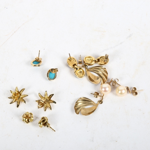 968 - 6 pairs of 9ct gold earrings, including stone set and drop pearl, 16.9g gross