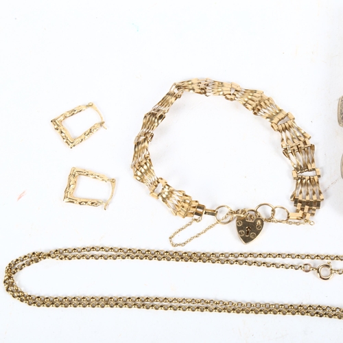 975 - A 9ct gold gatelink bracelet, and a pair of 9ct gold hoop earrings, 6.2g, an unmarked gold open link... 