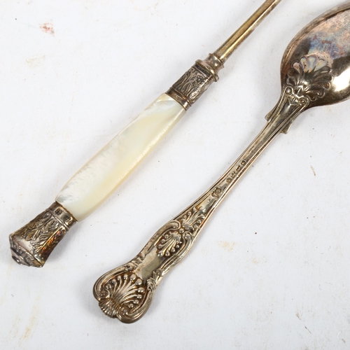 980 - A silver King's pattern design teaspoon, and a silver and mother-of-pearl handled bread fork, length... 