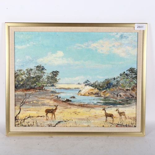 2801 - Donald Ramanayake (1920 - 1993) Sri Lankan, an oil on canvas, deer beside a lake, 34cm x 43cm, frame... 