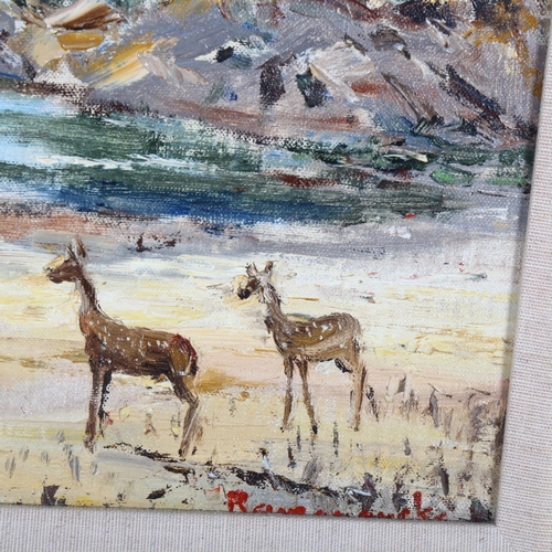 2801 - Donald Ramanayake (1920 - 1993) Sri Lankan, an oil on canvas, deer beside a lake, 34cm x 43cm, frame... 