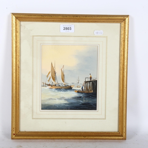 2803 - Ken Hammond, watercolour, sailing ships near a pier, 35cm x 32cm overall, framed