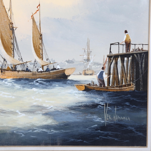 2803 - Ken Hammond, watercolour, sailing ships near a pier, 35cm x 32cm overall, framed