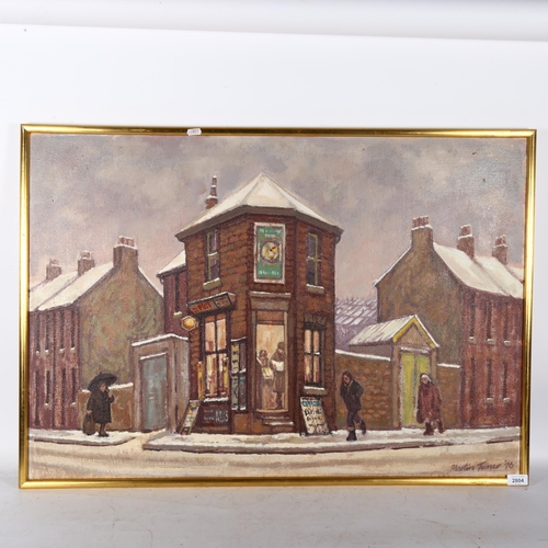 2804 - Martin Turner, oil on canvas, winter scene figures on a street corner, 66cm x 94cm overall, framed