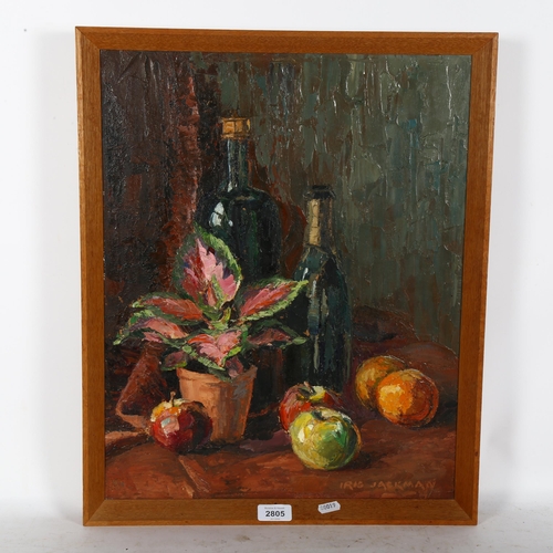 2805 - Iris Jackman, oil on board, still life, wine and apples, 55cm x 44cm overall, framed