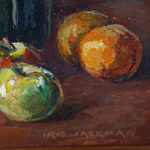 2805 - Iris Jackman, oil on board, still life, wine and apples, 55cm x 44cm overall, framed