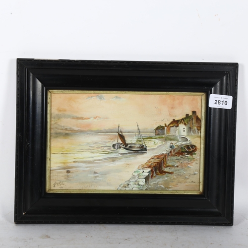 2810 - J O'Leary, watercolour, beached fishing vessels, signed and dated 1912, 26cm x 35cm overall, framed