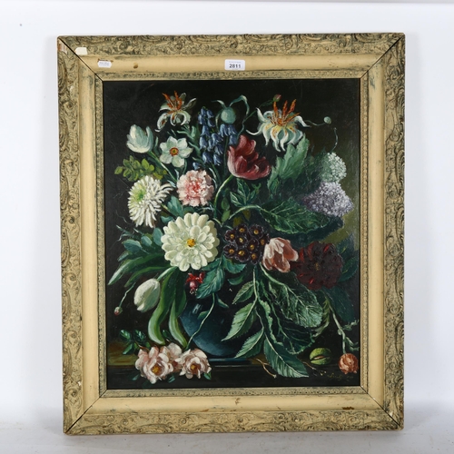 2811 - A mid-century oil on board, still life vase of flowers, indistinctly signed and dated 1957, 77cm x 6... 