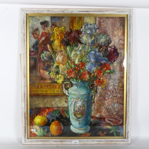 2812 - Susan Kemp, pastels, still life, vase of irises, 81cm x 66cm overall, framed