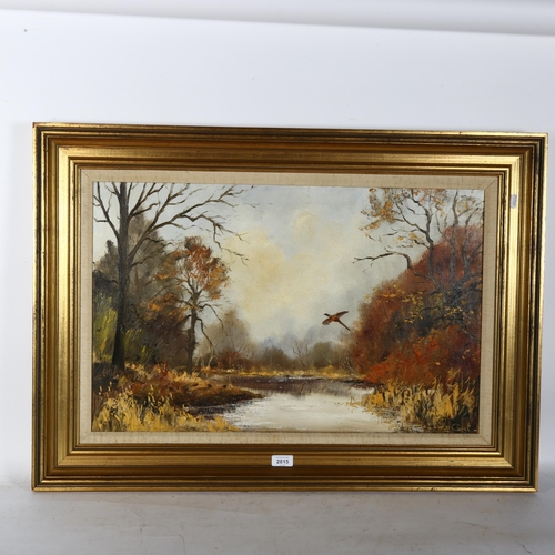 2815 - Shirley Carnt, oil on canvas, panoramic woodland view with geese, 64cm x 90cm overall, in giltwood f... 