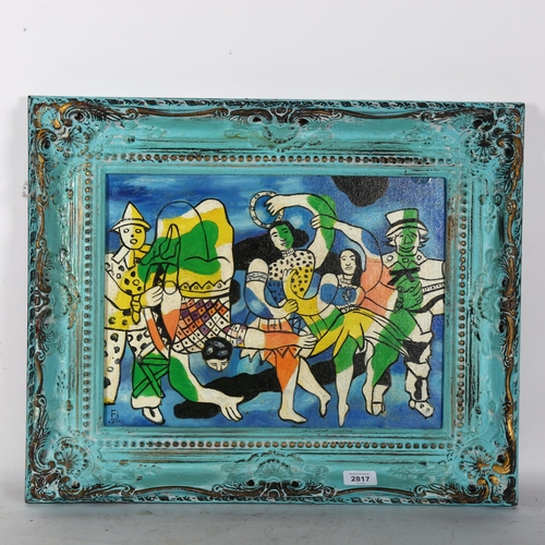 2817 - The contemporary oil on board, dancing figures, 46cm x 57cm overall, framed