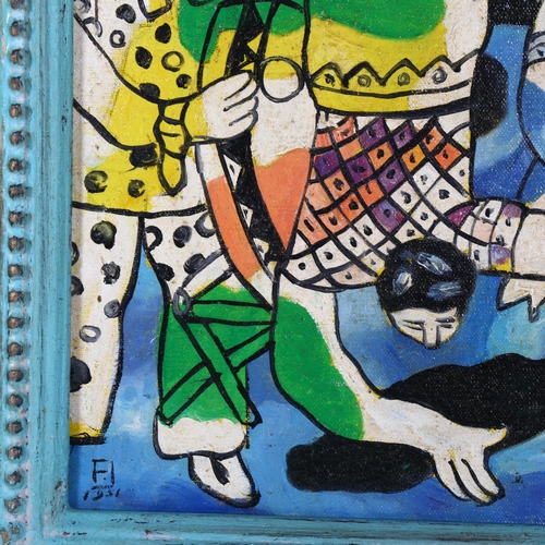 2817 - The contemporary oil on board, dancing figures, 46cm x 57cm overall, framed