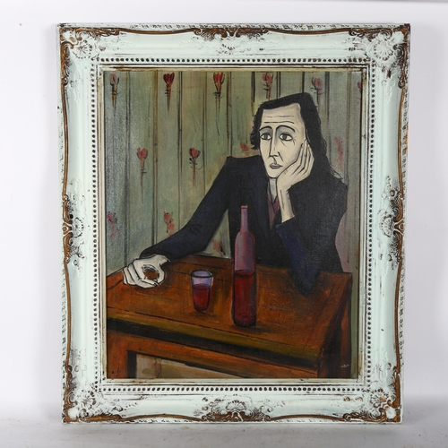 2818 - A contemporary oil on board, figure drinking wine, 77cm x 67cm overall, framed