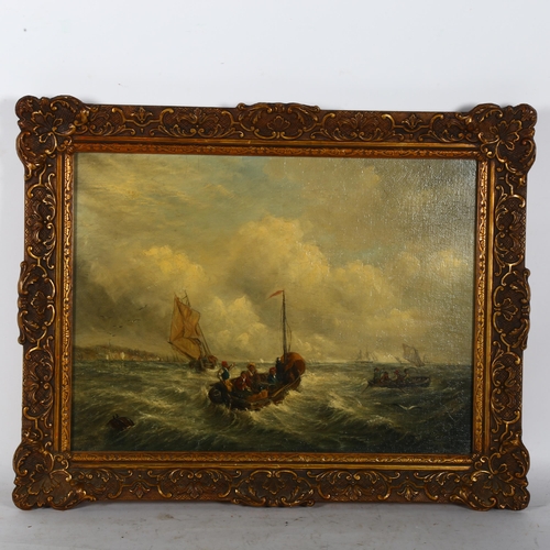 2819 - 19th century English school, oil on canvas, boats on rough seas, unsigned, 31cm x 41cm, framed