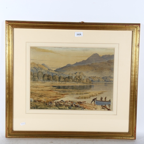 2828 - Watercolour, fishermen leaving the shore, unsigned, 58cm x 64cm overall, and W Scott Bridgewater aft... 