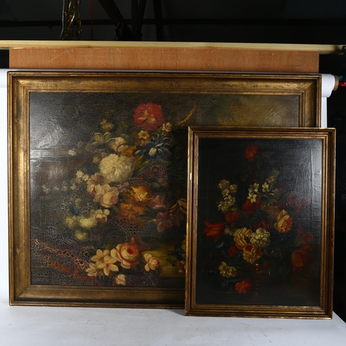 2829 - A large oil on canvas, still life flowers, 88cm x 106cm overall, gilt-framed, unsigned, and another ... 