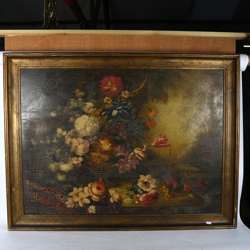 2829 - A large oil on canvas, still life flowers, 88cm x 106cm overall, gilt-framed, unsigned, and another ... 