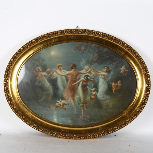 2836 - Oval coloured print, dancing nymphs, diameter 83cm, in giltwood frame