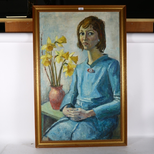 2838 - E Levy, oil on board, portrait study of a young lady by a vase of daffodils, 110cm x 73cm overall, f... 