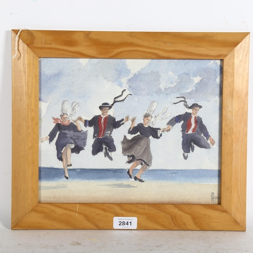 2841 - Watercolour, national costume dancers, indistinctly signed, 23cm x 29cm, framed