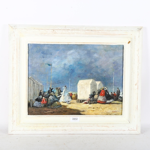 2852 - Contemporary oil on board, figures at the seaside, 45cm x 54cm overall, framed