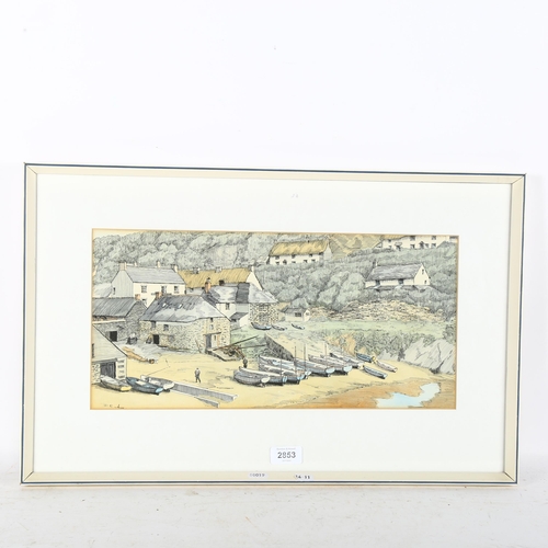 2853 - Lithograph, beached fishing boats, image 21cm x 43cm, 37cm x 59cm overall, framed