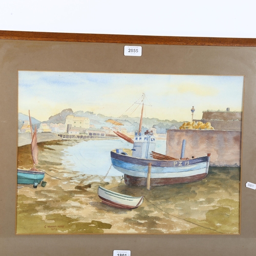 2855 - G Warsop-Hyde, watercolour, boats at Newlyn harbour, signed and dated 1958, image 35cm x 49.5cm, 53c... 