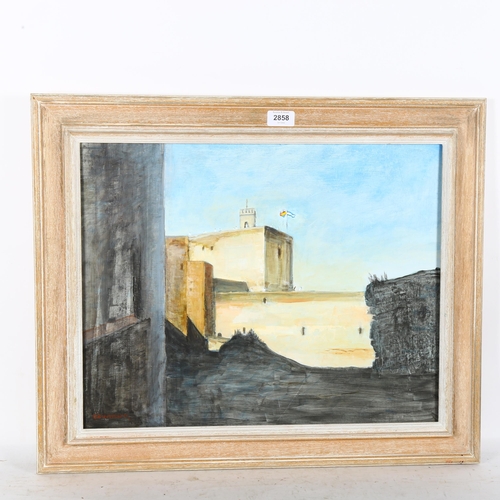 2858 - Jean Crummack, oil on board, Alhambra, Grenada, Exhibition labels verso, 40cm x 50cm, framed