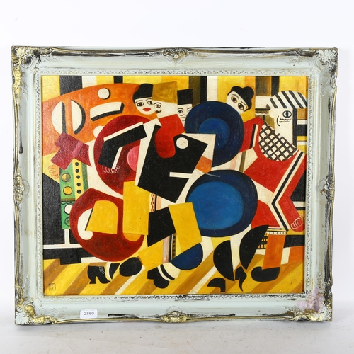 2860 - A contemporary oil on board, abstract figures, 63cm x 72cm overall, framed