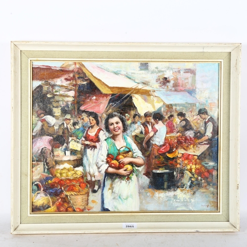 2865 - A contemporary oil on panel, Continental market scene, 49cm x 59cm