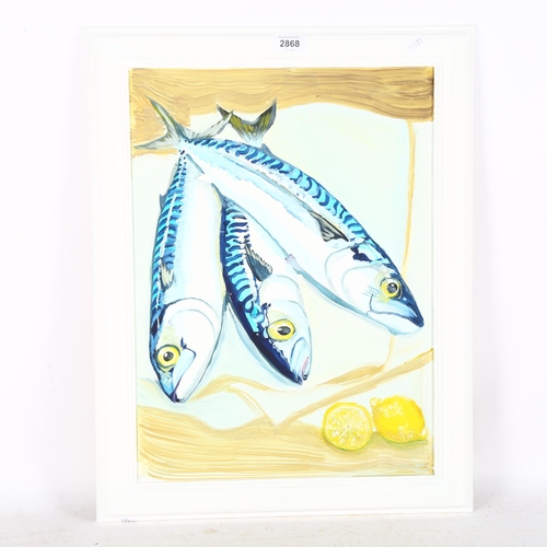 2868 - Clive Fredriksson, oil on board, still life study mackerel, 55cm x 43cm, overall, framed