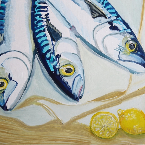 2868 - Clive Fredriksson, oil on board, still life study mackerel, 55cm x 43cm, overall, framed