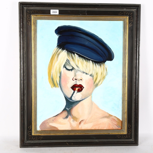 2869 - Clive Fredriksson, oil on board, the smoking girl, 69cm x 59cm overall, framed