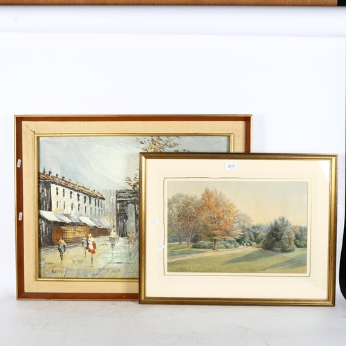 2877 - J S Farer?, 19th century watercolour, horses in a country park, and Kressley, an oil on canvas, Pari... 